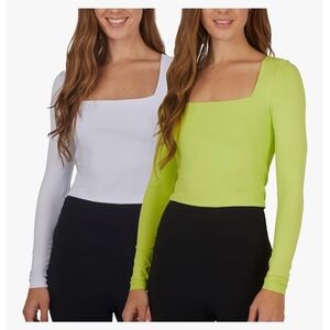Women's Square Neck Long Sleeve Top Bundle Size Medium NWT White & Lime Green